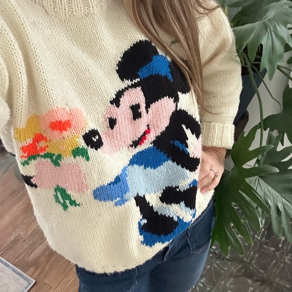 Vintage Sweaters - Vintage hand knit Mickey Mouse Minnie Mouse cream 70s sweater: Rare